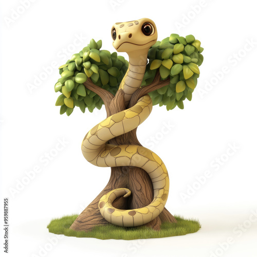 3D cartoon. A snake on the tree, on a solid white background