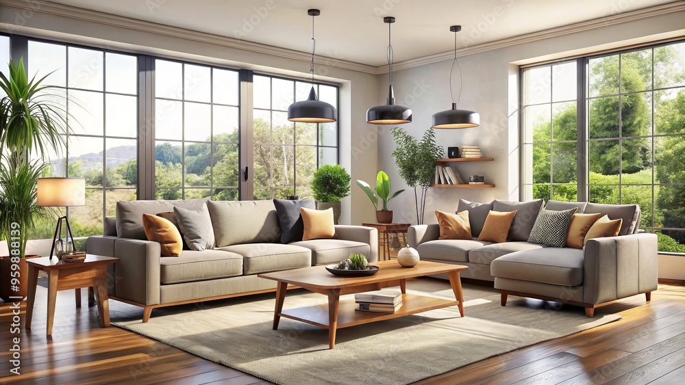 Fototapeta premium A stylish living room features modern furniture set against a backdrop of airy space and abundant natural light,