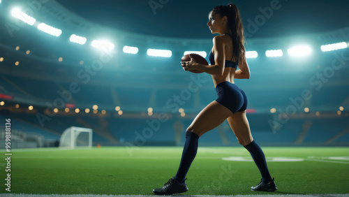 Athlete practicing football skills at night on a stadium field under bright lights in a focused stance during training session. Generative AI