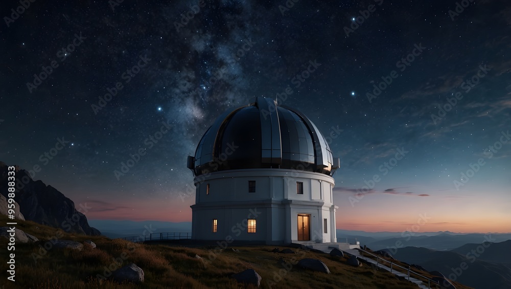 A white observatory dome under a starry night sky with the Milky Way. A white observatory dome under a starry night sky with the Milky Way.