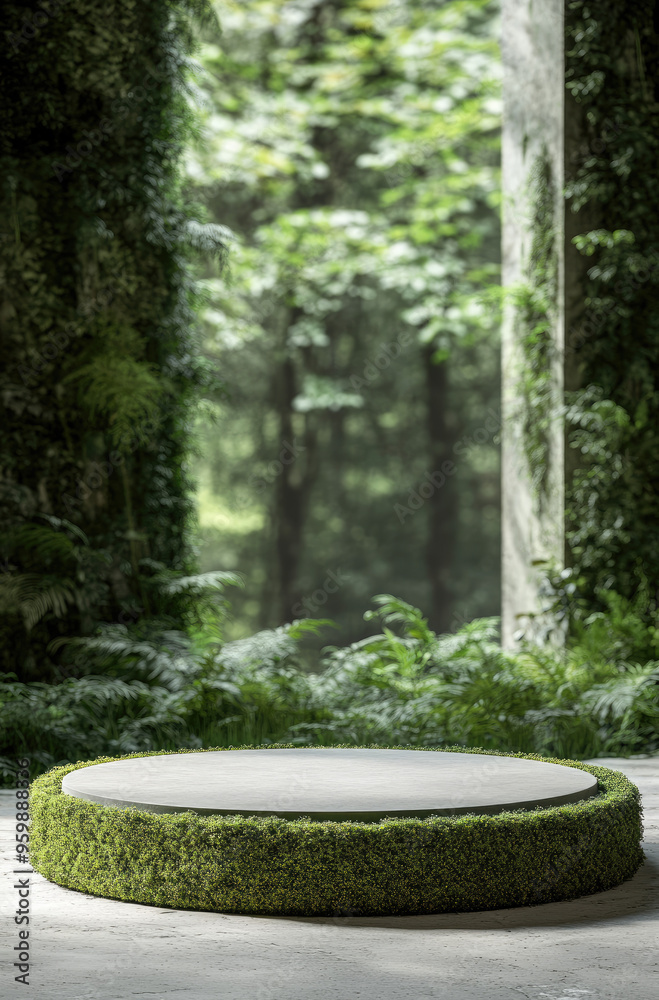 High-End Product Showcase with an Empty Moss Podium for a Lush and Earthy Feel