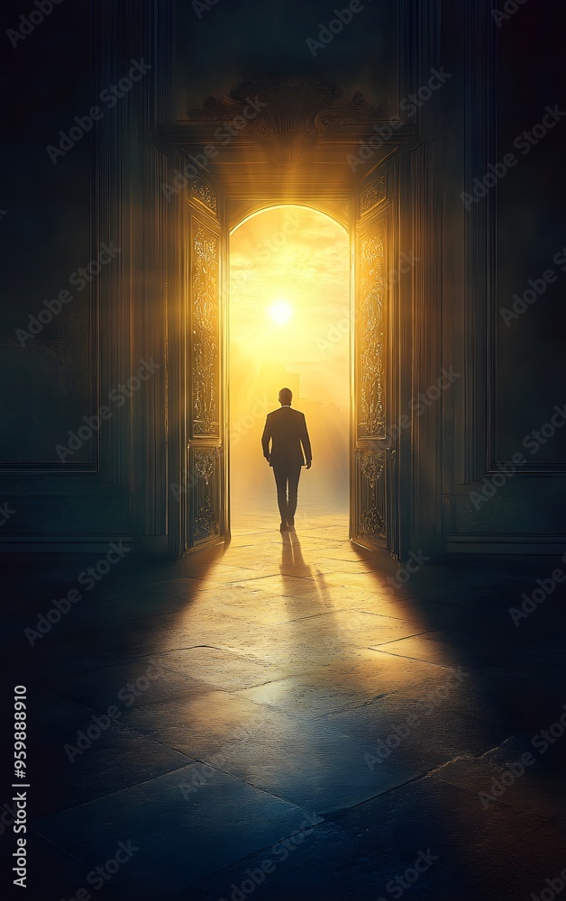 Person walking through an open door into a bright future, symbolizing new beginnings Person walking through an open door into a bright future, symbolizing new beginnings