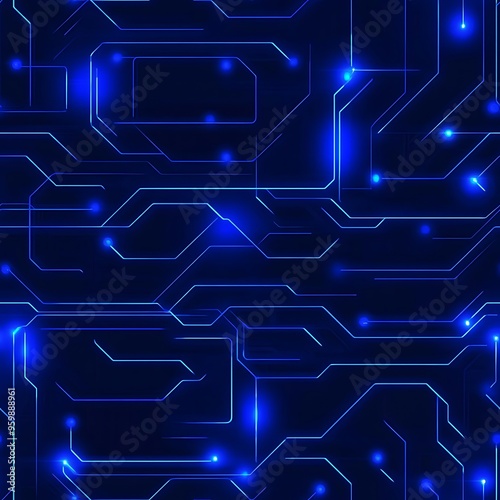 Futuristic blue circuit pattern with glowing lines and nodes, ideal for technology, digital designs, and abstract backgrounds.