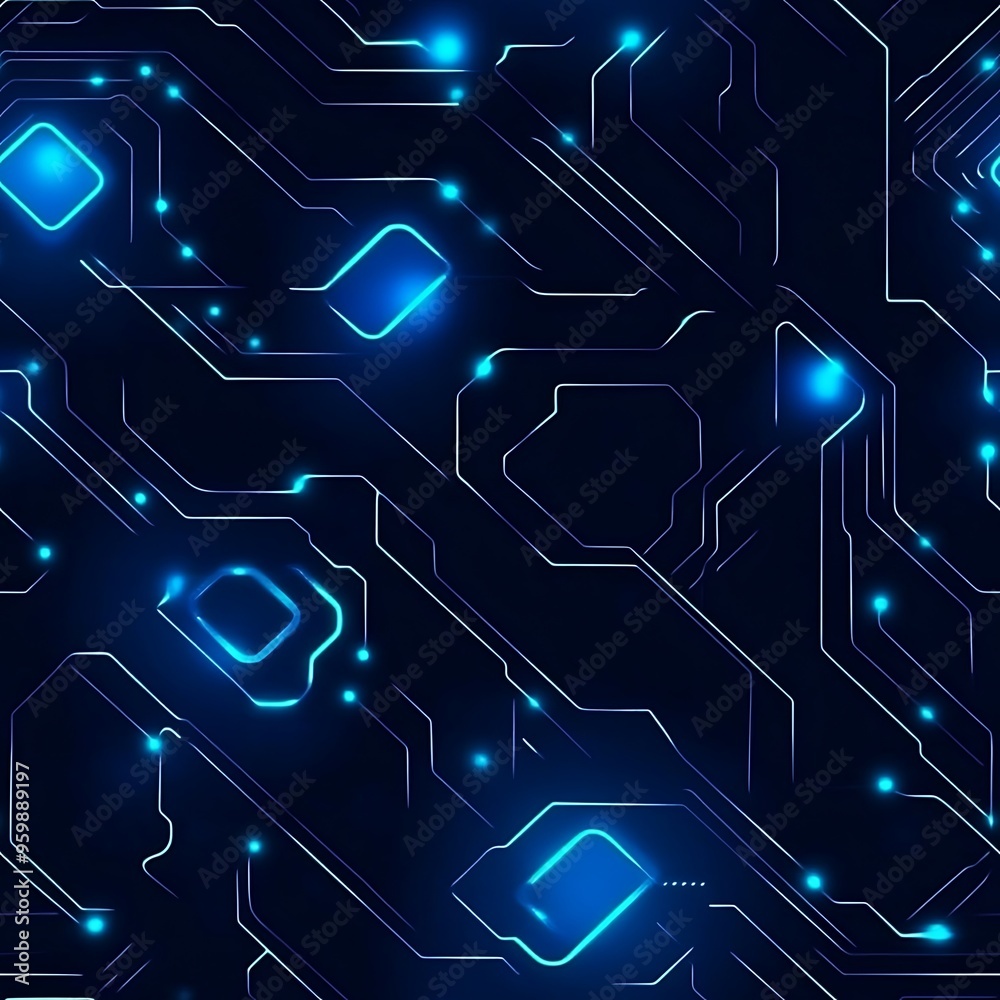 Futuristic circuit board design with vibrant blue lights on a dark background, perfect for technology themes and digital projects. Futuristic circuit board design with vibrant blue lights on a dark background, perfect for technology themes and digital projects.