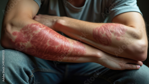 A person sitting casually with noticeable skin condition marks on the forearms in a dimly lit indoor environment. Generative AI photo