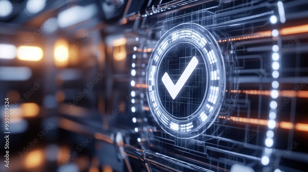 Digital check mark on a transparent interface with a sleek, modern design