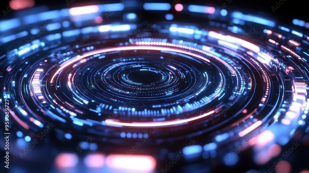 Glowing digital tech circle with intricate patterns on a dark background Glowing digital tech circle with intricate patterns on a dark background