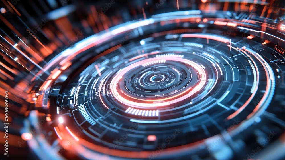 Digital tech circle with rotating elements and neon accents on a dark backdrop Digital tech circle with rotating elements and neon accents on a dark backdrop