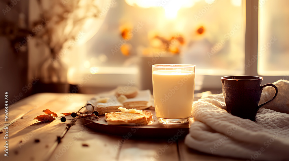 warm morning scene with a glass of milk on a wooden table, accompanied by a cozy breakfast setup warm morning scene with a glass of milk on a wooden table, accompanied by a cozy breakfast setup
