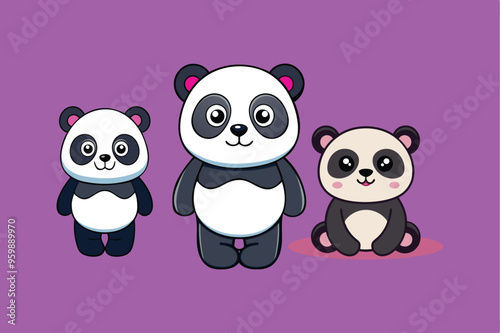 Panda Character Collection: Hand-Drawn Adorable Wild Animal Cartoon Design Sitting and standing Bear