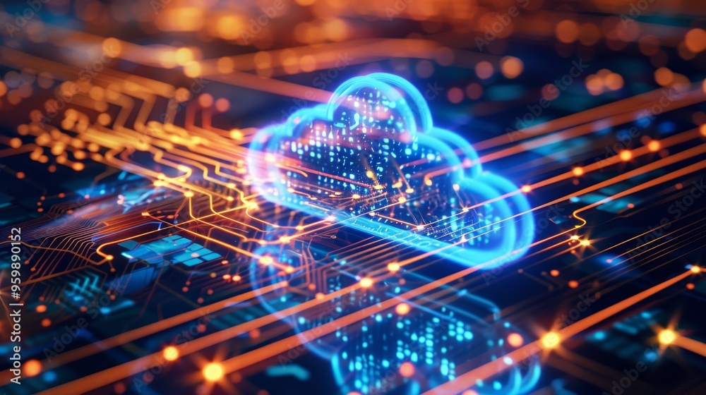 Glowing Cloud Computing Symbol On Futuristic Circuit Board, Abstract Digital Technology Glowing Cloud Computing Symbol On Futuristic Circuit Board, Abstract Digital Technology