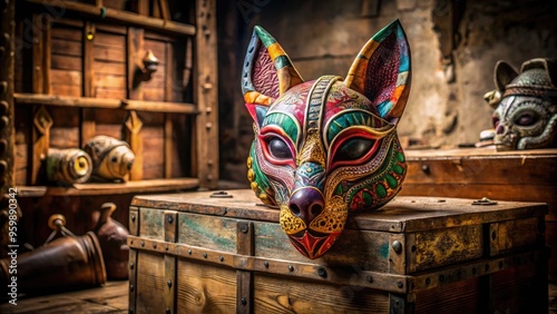 A colorful, hand-painted, papier-mâché animal head mask with intricate details and patterns sits on a worn, wooden, rustic storage trunk in a dimly lit room. photo