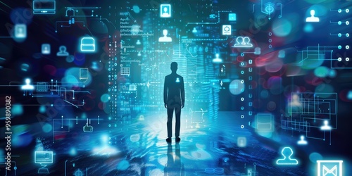 Person surrounded by floating data and security icons.