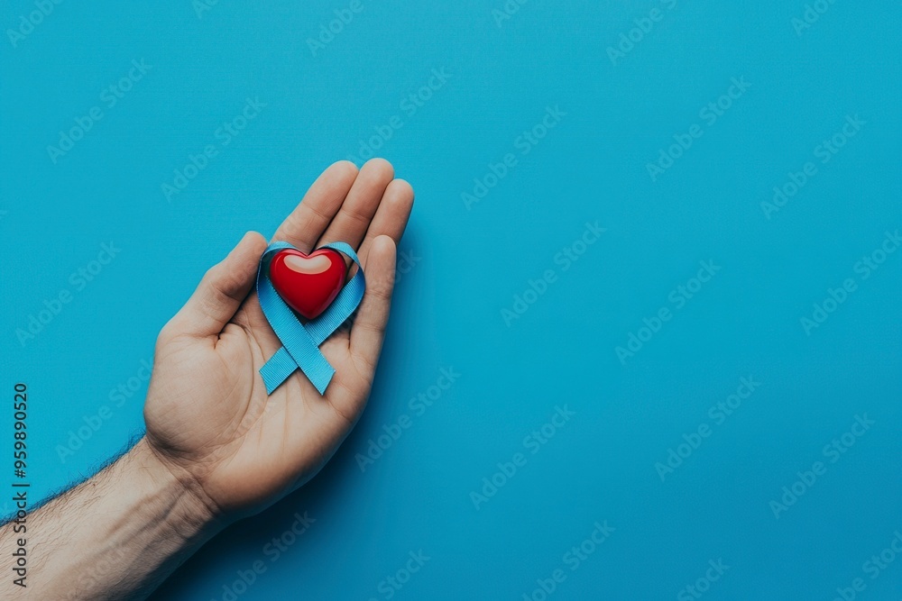 World diabetes day and awareness blue ribbon with red blood drop in man's hand with copy space isolated on blue background. World Diabetes Day is on November 14. generative ai