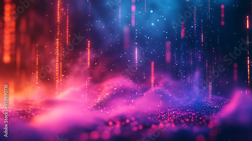 A dreamy electronic rain of digital packet data with a mysterious smoky fluid background