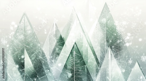 The scene portrays an abstract winter forest with triangular Christmas trees set in a gently frosted atmosphere. Generative AI