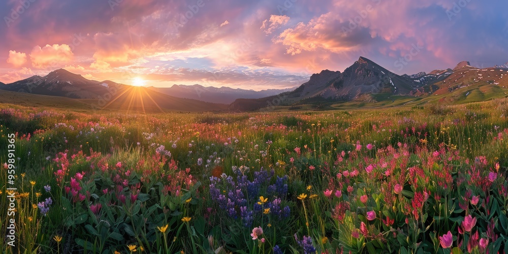 Fototapeta premium Sunrise over a colorful meadow of wildflowers, with majestic mountains in the distance.