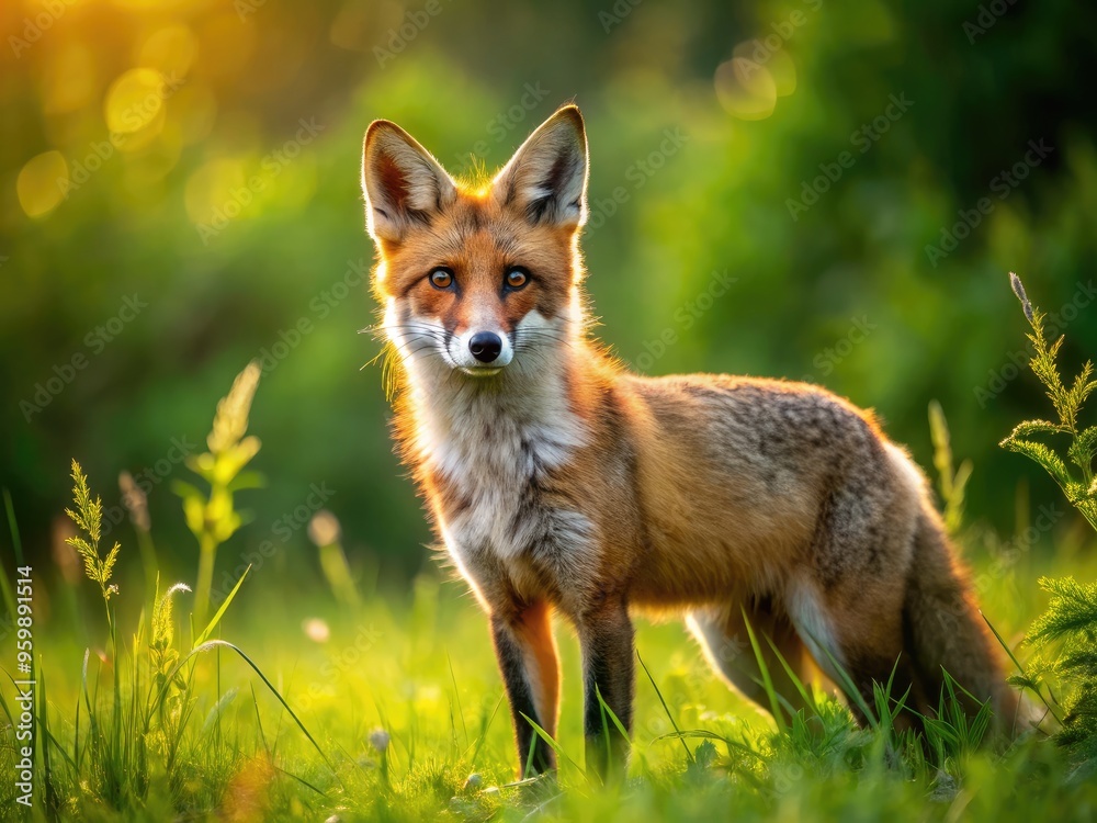 A Curious Red Fox With Alert Eyes And A Bushy Tail Stands Amidst A Lush Green Meadow, Its Coat Glistening In The Sunlight A Curious Red Fox With Alert Eyes And A Bushy Tail Stands Amidst A Lush Green Meadow, Its Coat Glistening In The Sunlight