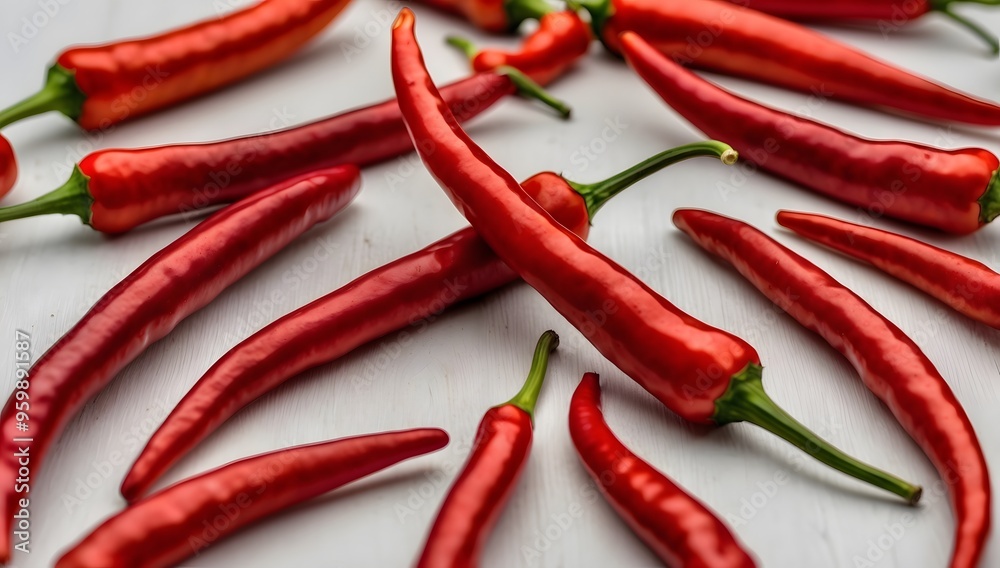Image of pile of red chilies, fresh red chilies, chilies arranged randomly on white background Image of pile of red chilies, fresh red chilies, chilies arranged randomly on white background