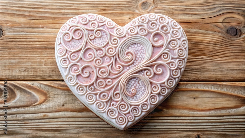 A delicate, handcrafted heart-shaped ceramic art piece with intricate swirly patterns, glazed in soft pink and white hues, on a natural wooden background. A delicate, handcrafted heart-shaped ceramic art piece with intricate swirly patterns, glazed in soft pink and white hues, on a natural wooden background.