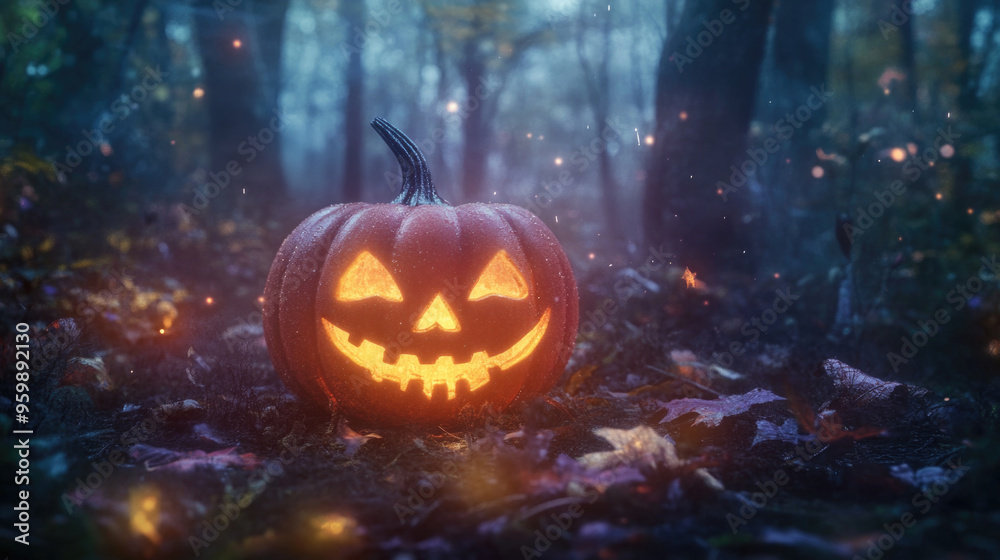 Glowing jack-o-lantern in dark forest with autumn leaves and mystical lighting Glowing jack-o-lantern in dark forest with autumn leaves and mystical lighting