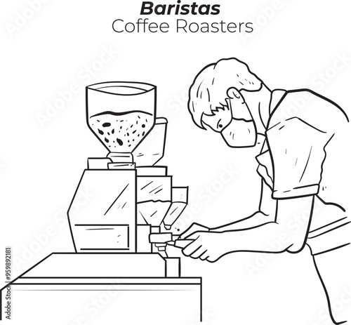 Line Hand drawn coffee barista or bartender man wearing apron standing whipped milk into the coffee mug. Coffee shop, coffee time and take away concept.