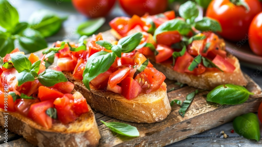Delicious Italian bruschetta with fresh tomatoes, basil, and garlic on a rustic wooden board Delicious Italian bruschetta with fresh tomatoes, basil, and garlic on a rustic wooden board