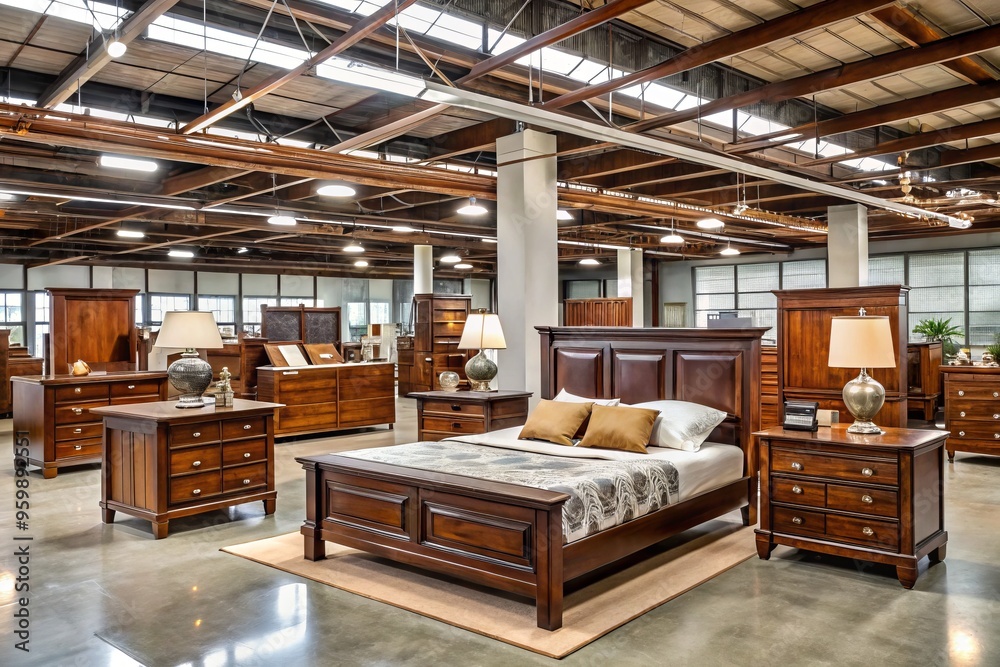 Bedroom furniture sets of various styles and materials are on display in a large, well-lit warehouse. Bedroom furniture sets of various styles and materials are on display in a large, well-lit warehouse.
