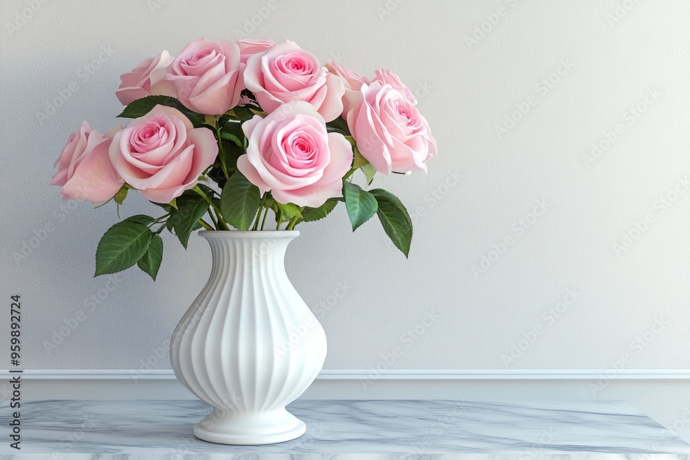 Beautiful pink roses in a white vase on a marble table against an empty wall background Beautiful pink roses in a white vase on a marble table against an empty wall background