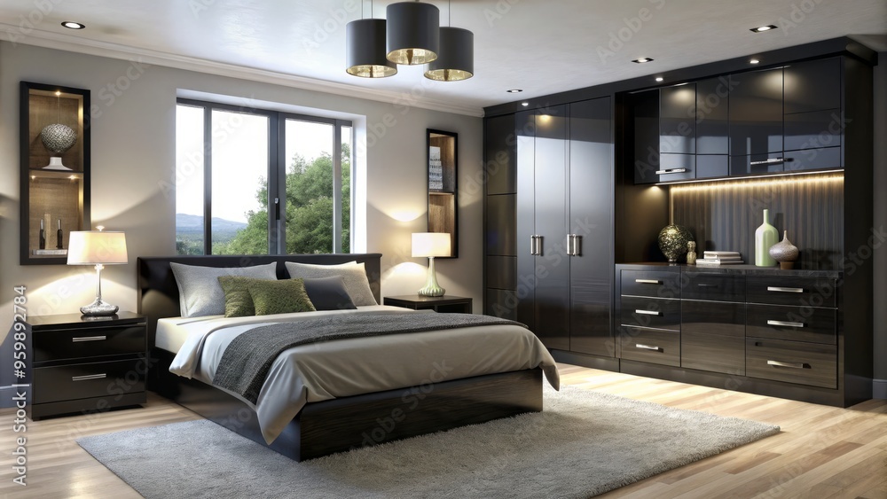 Naklejka premium * Black, glossy fitted bedroom furniture features a sleek design, adding a touch of sophistication to the bedroom