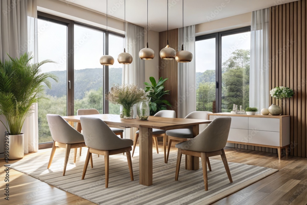 Obraz premium Bright and airy, this modern dining room showcases sleek furniture, walls of windows, and a large glass door,