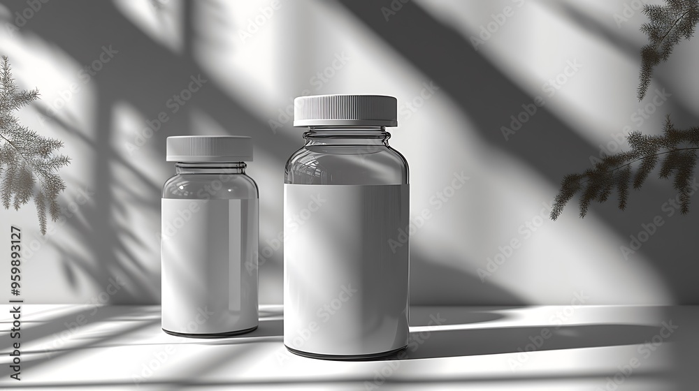 Two clear glass bottles with white labels and caps, on a white surface.