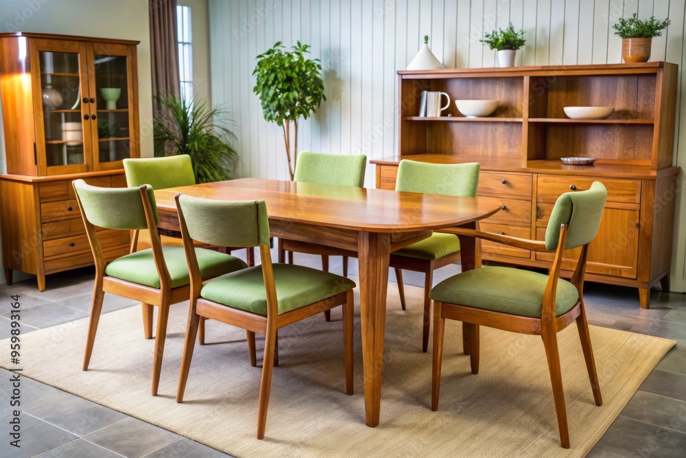 Retro dining room furniture pieces scatter the floor, awaiting a fresh start in an abandoned product line. Retro dining room furniture pieces scatter the floor, awaiting a fresh start in an abandoned product line.