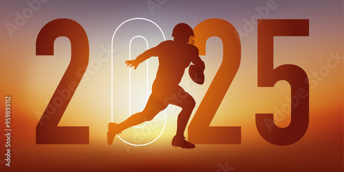 Concept du sport sur le thème du football américain pour une carte de vœux 2025, montrant un footballeur américain courant vers la ligne de but.