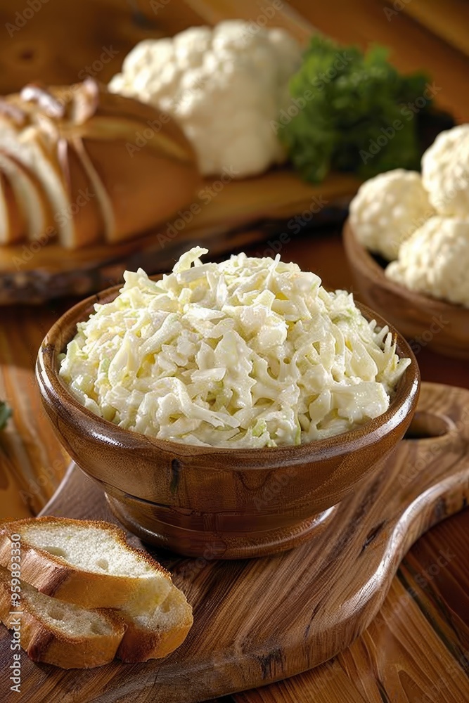 Fresh Coleslaw Salad in a Wooden Bowl with Cauliflower, Bread, and Parsley on a Rustic Table Fresh Coleslaw Salad in a Wooden Bowl with Cauliflower, Bread, and Parsley on a Rustic Table