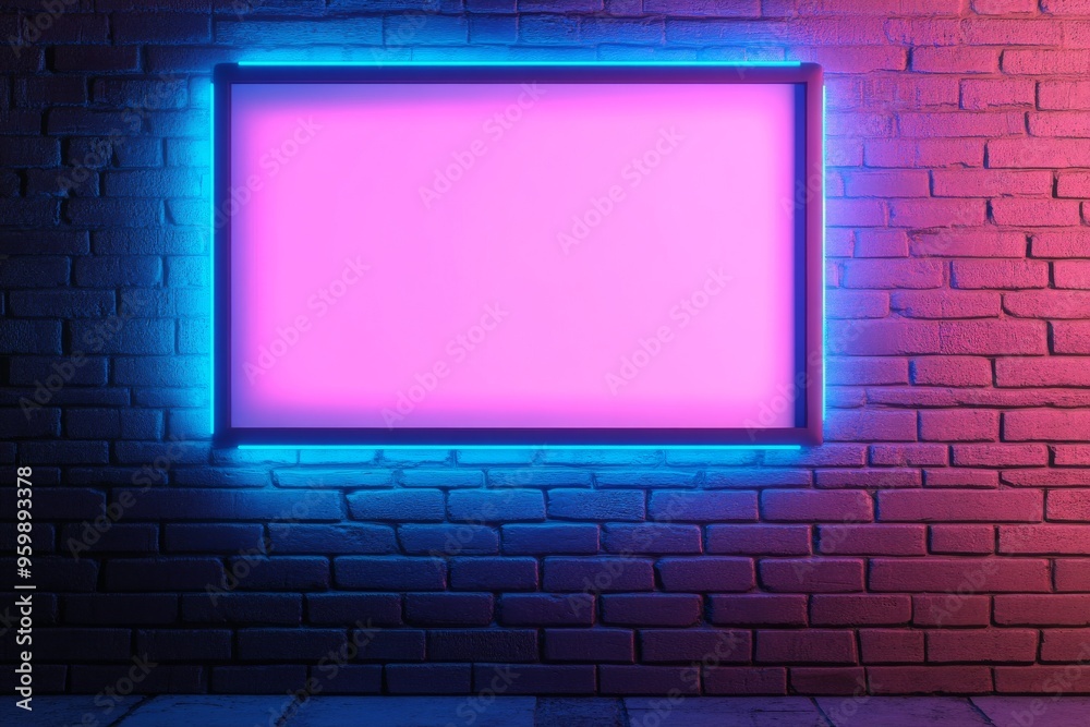 3D render of a neon frame on a brick wall background with a blank screen for advertising. 3D render of a neon frame on a brick wall background with a blank screen for advertising.