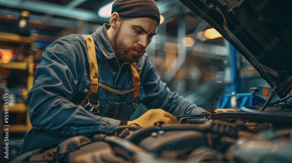 Expert Mechanic Diligently Repairs Engine in a Busy Auto Repair Shop Filled with Bright Lights Expert Mechanic Diligently Repairs Engine in a Busy Auto Repair Shop Filled with Bright Lights