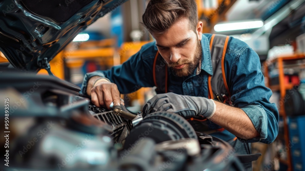 Dedicated Mechanic Deep in Work, Skillfully Tinkering Under the Hood of a Car in a Garage Dedicated Mechanic Deep in Work, Skillfully Tinkering Under the Hood of a Car in a Garage