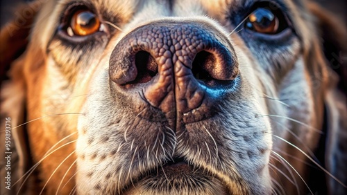 A detailed, high-quality close-up shot of a canine nose, featuring textured skin, wrinkles, and a slight nostril flare, showcasing canine anatomy. photo