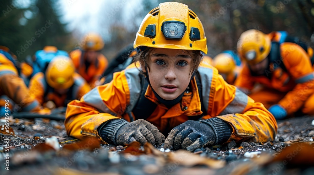 A focused young rescue worker in orange uniform, with a helmet light on and soil-covered hands, lies on forest floor. Team in background explores with protective gear. A focused young rescue worker in orange uniform, with a helmet light on and soil-covered hands, lies on forest floor. Team in background explores with protective gear.