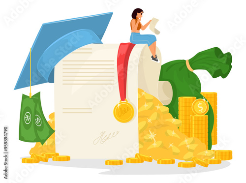 Young woman reading contract on education sitting on huge gold coin stack with graduation cap with green banknote tassel vector illustration. Knowledge cost and scholarship insurance concept