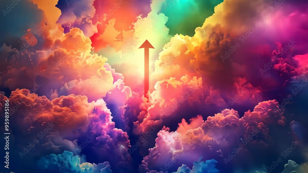 Vibrant rainbow clouds with upward arrow, abstract fantasy concept Vibrant rainbow clouds with upward arrow, abstract fantasy concept
