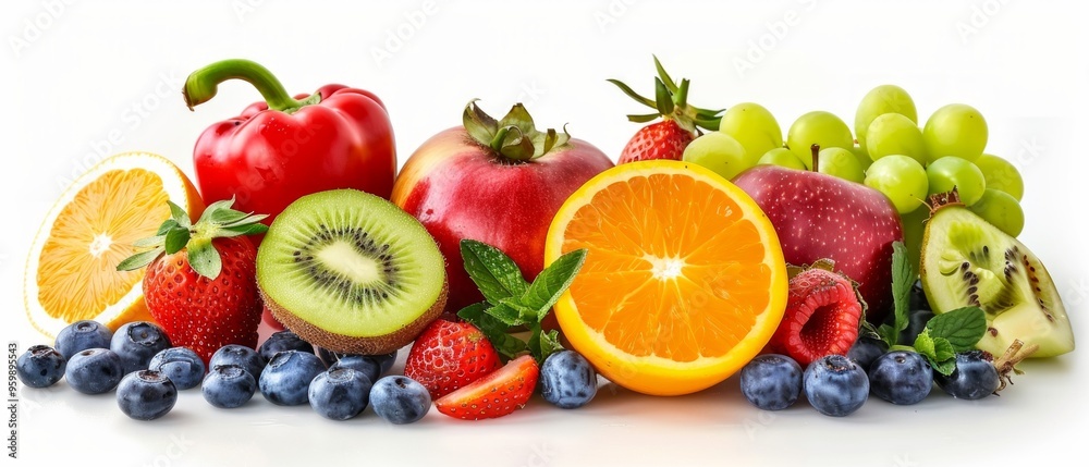 A colourful display of fruits and vegetables on a white background. They include apples, oranges, grapes, kiwi, strawberries, lemons, green peppers and blueberries. A colourful display of fruits and vegetables on a white background. They include apples, oranges, grapes, kiwi, strawberries, lemons, green peppers and blueberries.