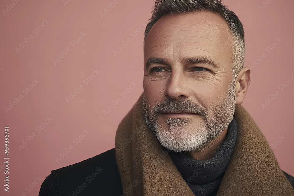 Obraz premium Portrait of stylish and smiling middle age man exuding happiness, confidence, and positive energy in professional studio setup background, showcasing modern fashion and charismatic personality