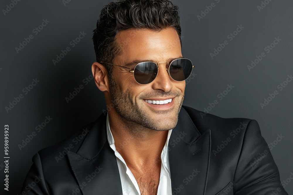 Portrait of stylish and smiling young man exuding happiness, confidence, and positive energy in professional studio setup background, showcasing modern fashion and charismatic personality Portrait of stylish and smiling young man exuding happiness, confidence, and positive energy in professional studio setup background, showcasing modern fashion and charismatic personality