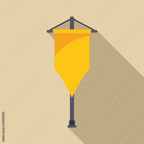 Minimalist vector illustration of a yellow pennant flag hanging on a wooden crossbar, isolated on a beige background with a long shadow