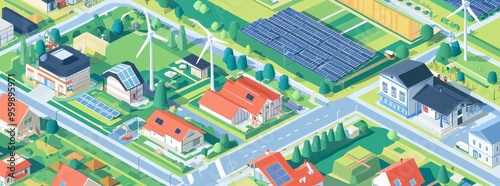 Detailed rendering of a city landscape. Isometric cartoon cityscape with low polygons. Different districts: simple rural cottages and fields, houses and stores, downtown with skyscrapers.