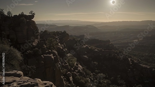 Maximum Eclipse with the moon blocking most of the sun casting an eerie and otherworldly light over the landscape photo