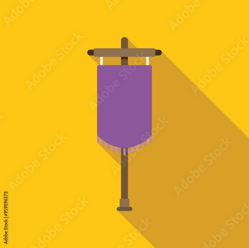 Purple rectangular banner with fringe hanging on a wooden crossbar casting a long shadow over a yellow background