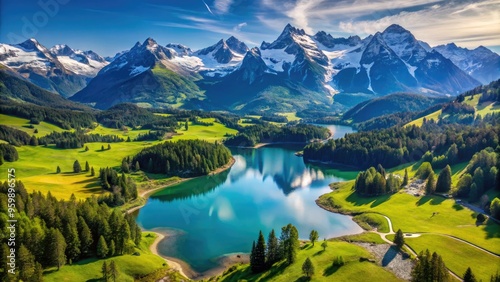 Aerial View Of A Stunning Mountain Range With Snow-Capped Peaks, Lush Meadows, And Shimmering Lakes Under A Clear Blue Sky.